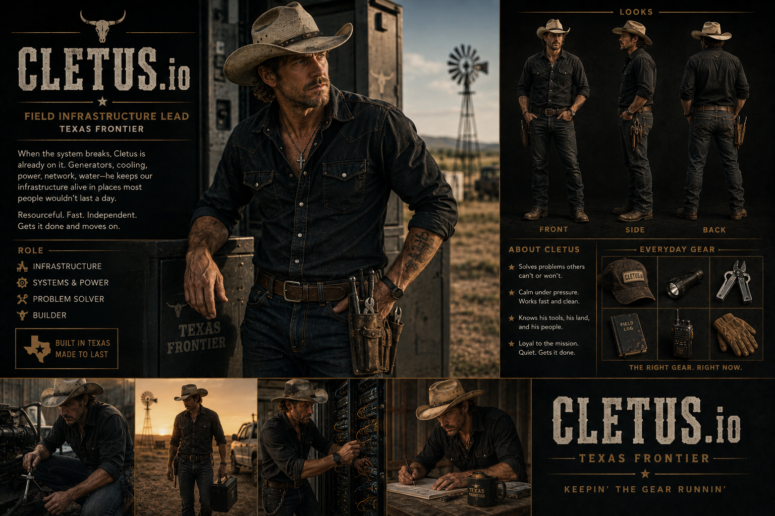 Cletus in a weathered cowboy hat and black work shirt, with tools at his side on the Texas Frontier